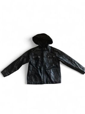 Route 66 Black Faux Leather Hooded Jacket Kids XS 4/5